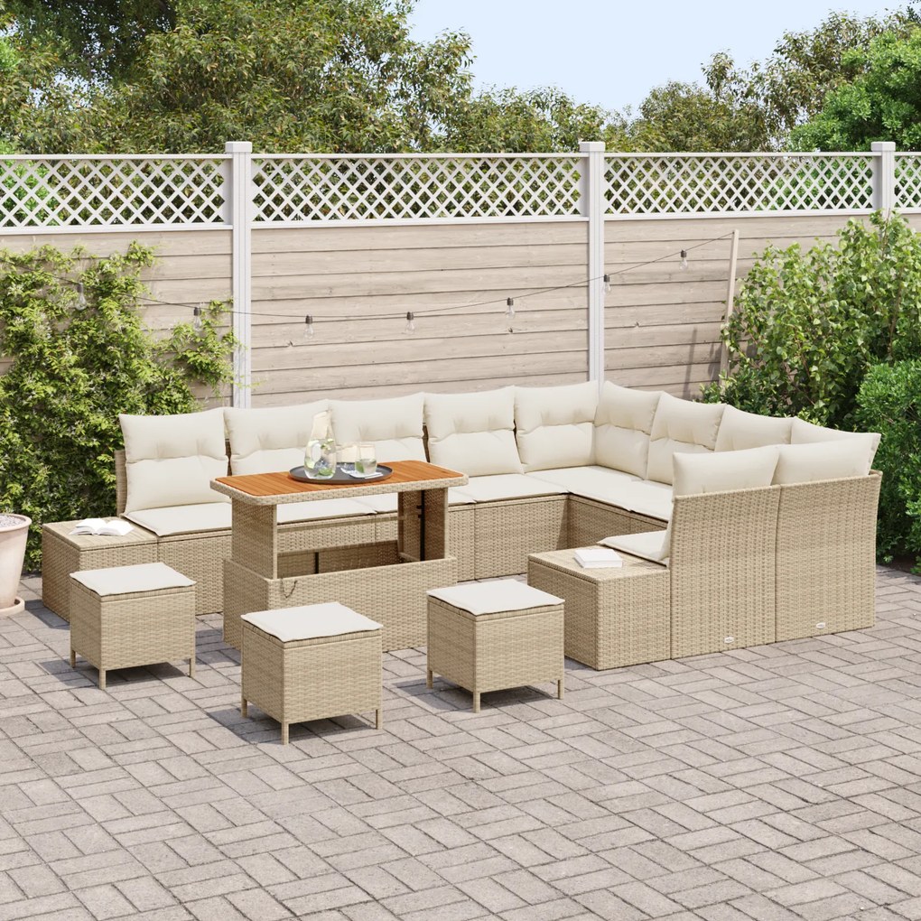 Conjunto de Sofá de Jardim com 13 Peças e Almofadas Bege Vime PE Acáci