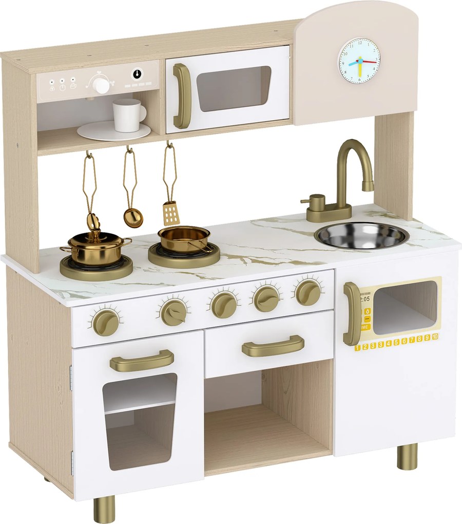 AIYAPLAY Cozinha de Brinquedo para Crianças com Máquina de Café Giratória, Fogões, Torneira e Relógio, 3-6 Anos, Branco | Aosom Portugal