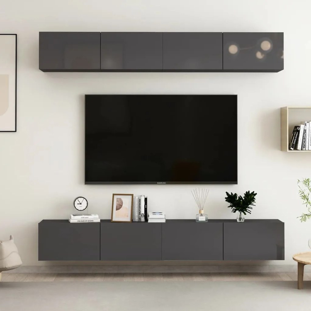 vidaXL Móveis de TV 4 pcs 100x30x30cm contraplacado cinzento brilhante