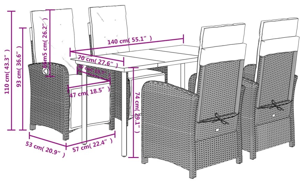 5 pcs conjunto de jantar p/ jardim com almofadões vime PE bege