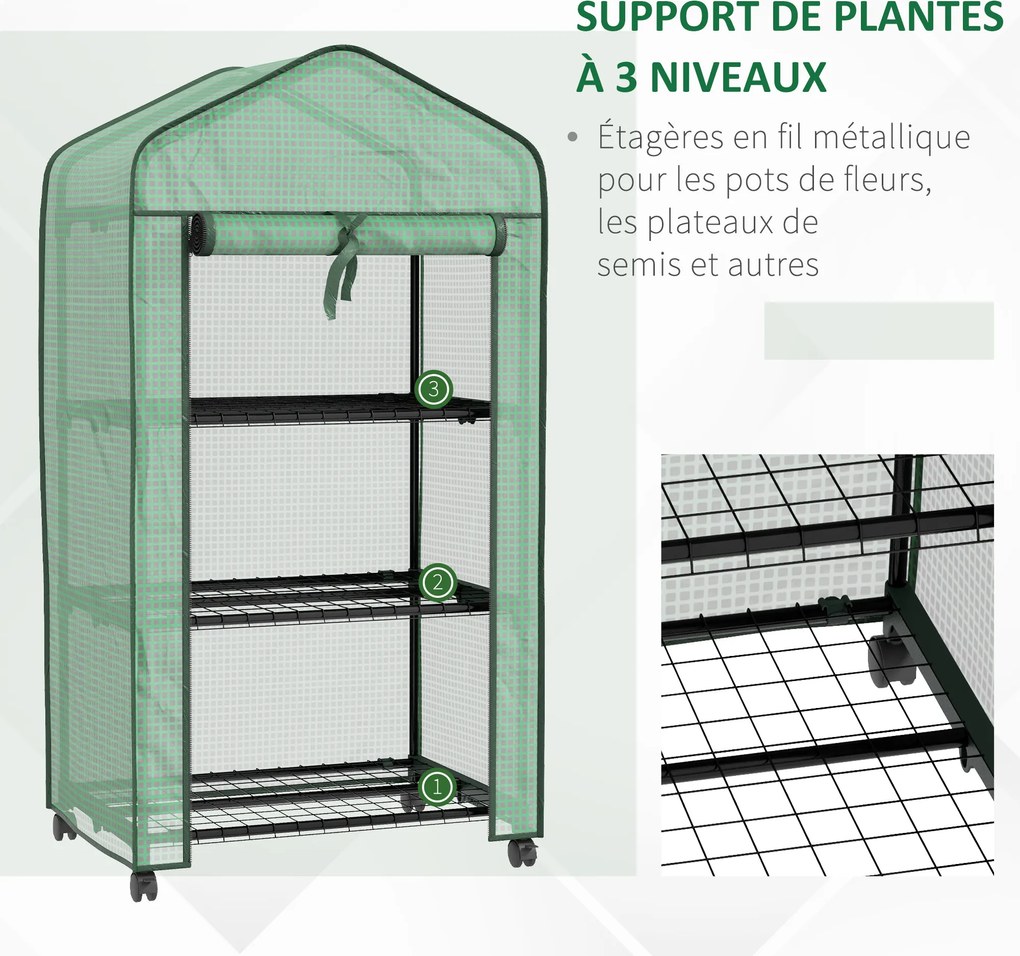 Mini estufa de jardim com 3 prateleiras 69 C x 49 L x 130 A cm, lona de PE de alta densidade, porta enrolável, 4 rodas Verde