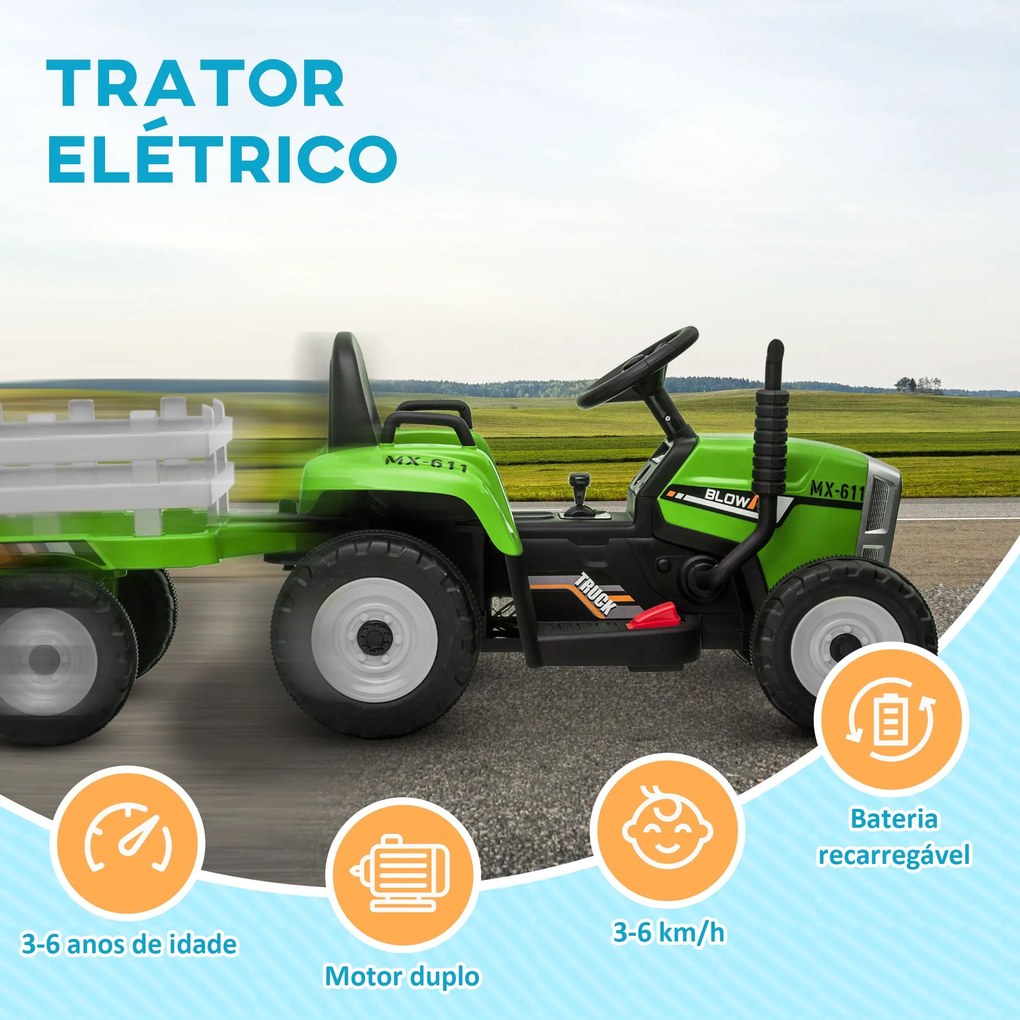 HOMCOM Trator Elétrico com Reboque Amovível Carro Elétrico para Crianç