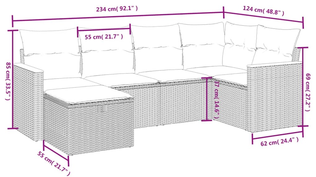 6 pcs conjunto sofás de jardim com almofadões vime cinzento