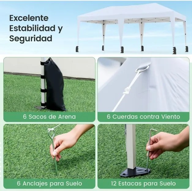 Tenda dobrável 590 x 305 x 266 cm exterior com estacas, cordas de fixação, sacos de areia e rodas para 6-8 pessoas festas, eventos, feiras Branca