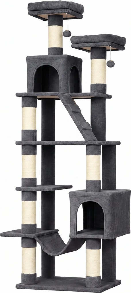 PawHut Árvore Arranhadora para Gatos 204 cm Multinível com 2 Tocas Rede 2 Camas Postes de Sisal Escada e 2 Bolas Cinza Escuro | Aosom Portugal