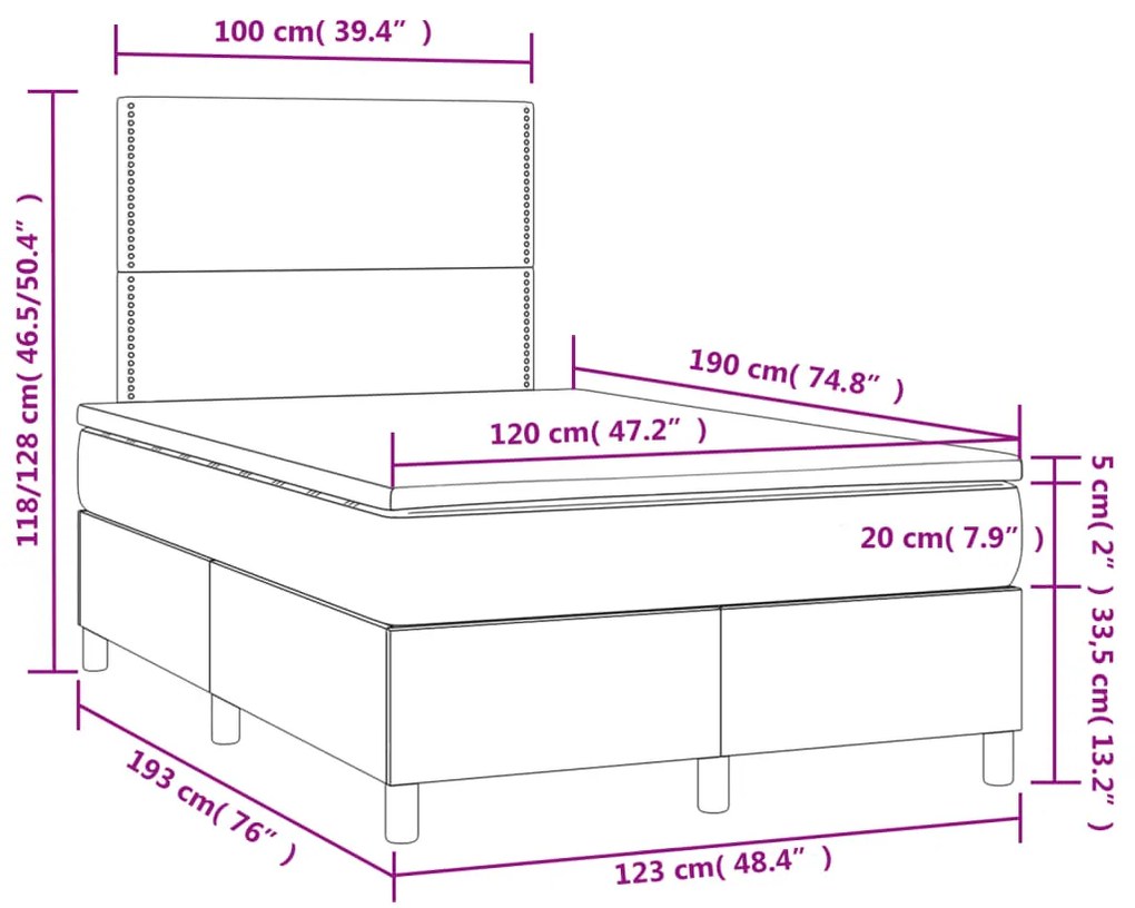 Cama box spring c/ colchão e LED 120x190 cm tecido cor creme