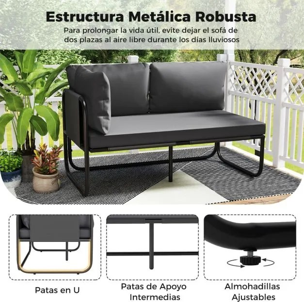 Sofá de jardim exterior 116 x 65 x 59 cm de 2 lugares com almofadas removíveis, apoios de braços laterais e estrutura em metal 116 x 65 x 59 cm cinzen