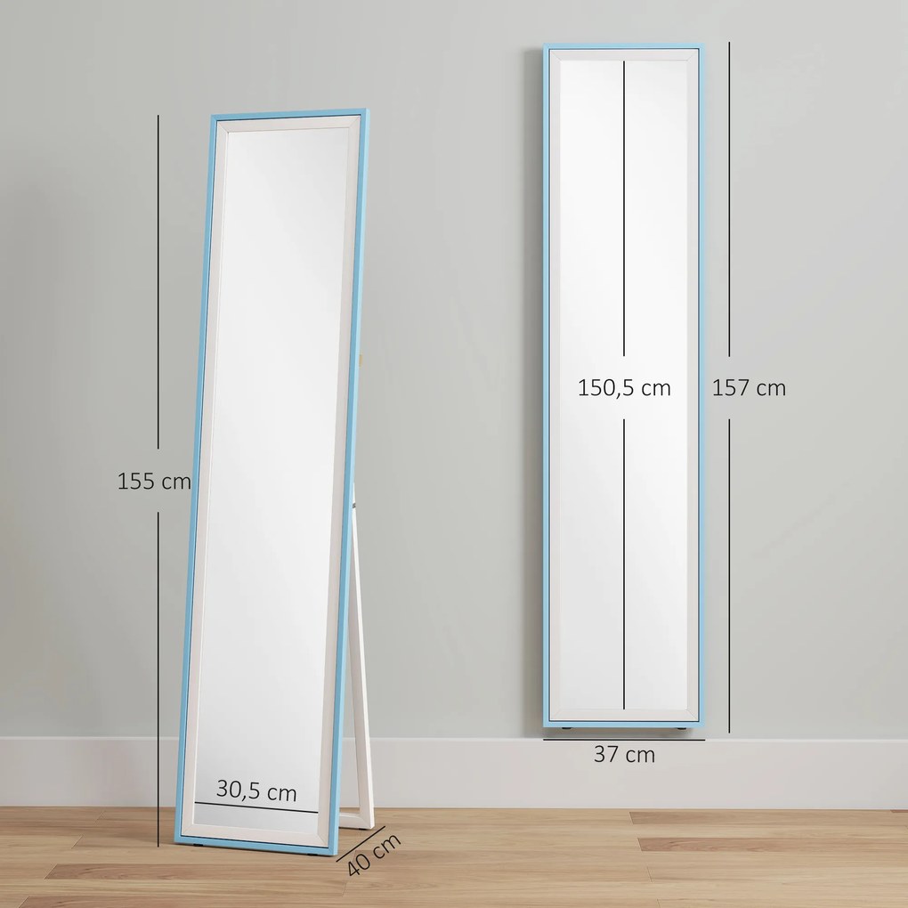 Espelho de Pé 157x37 cm com Moldura em MDF Espelho de Parede Retangular com 2 Formas de Utilização Branco e Azul