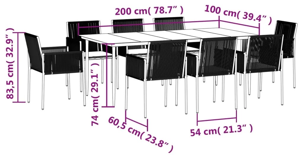 9 pcs conjunto jantar p/ jardim c/ almofadões vime PE/aço preto