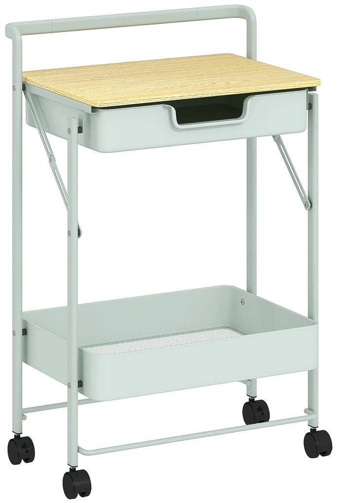 HOMCOM Carrinho Auxiliar com Rodas de 2 Níveis Carrinho de Cozinha com 1 Gaveta e 1 Cesto Carrinho Organizador 45x29,5x68 cm Verde Claro | Aosom Portugal