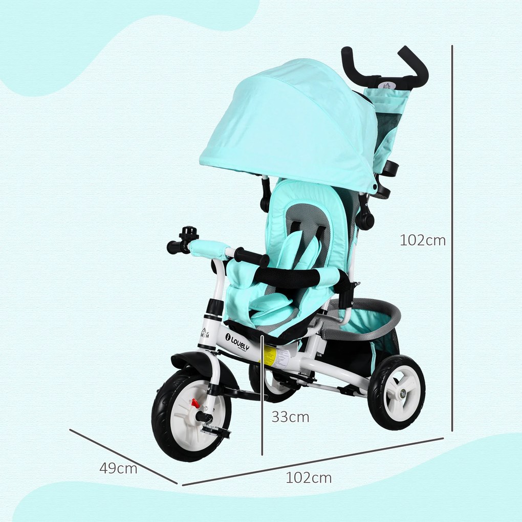 Triciclo para Bebés 2 em 1 de +12 Meses com Capota Dobrável Guiador Telescópico e Removível Bolsa e Porta-Garrafas Verde Água
