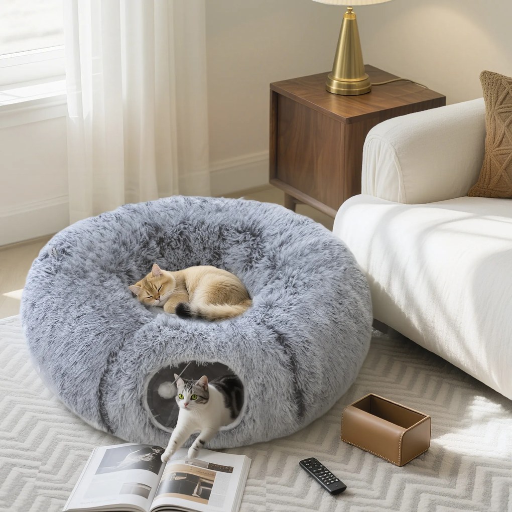 Túnel para gatos 90 x 80 x 27 cm de interior com cama para gatos em forma de donut, almofada circular lavável, cinzento claro