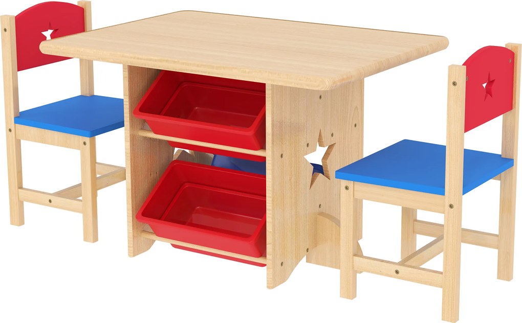 Mesa infantil com 2 cadeiras – conjunto de 3 peças em madeira com 4 caixas de arrumação em madeira natural