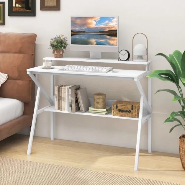 Secretária pequena com suporte para monitor, gancho suspenso e prateleira adicional 100 x 48 x 81,5 cm Branca