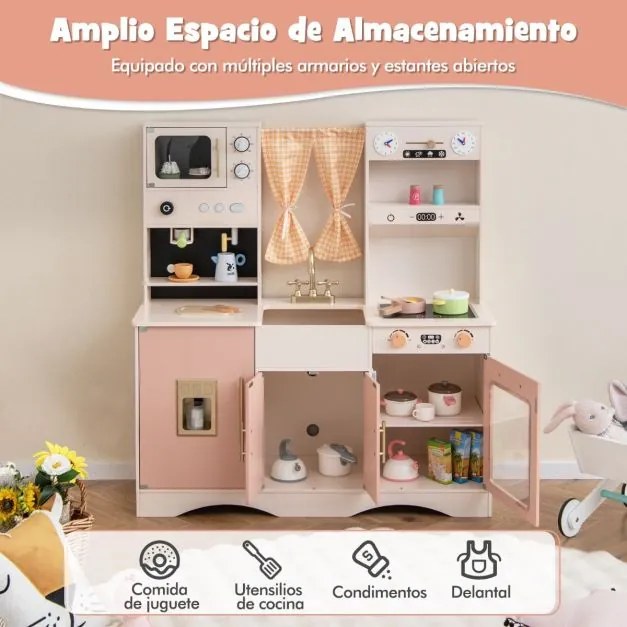 Cozinha de madeira para crianças 102 x 35 x 110 cm de 3 anos com micro-ondas, cafeteira, máquina de gelo, pia, relógios, forno e acessórios rosa