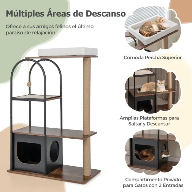 Arranhador para gatos de 118 cm com estrutura metálica Posto de arranhar de juta Tábua de sisal Bola de sisal Centro de actividades suspenso para gato
