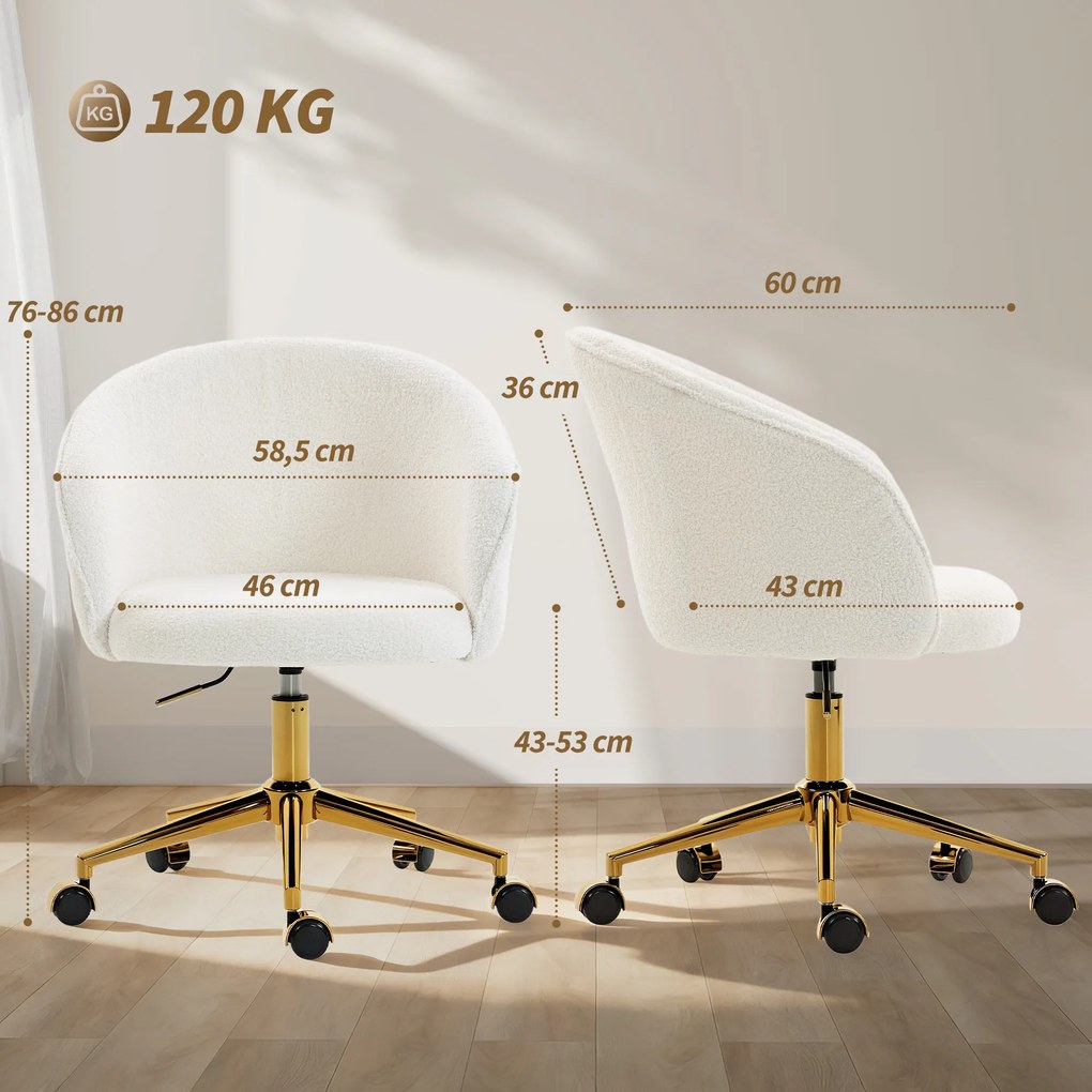 Cadeira de escritório, cadeira ergonómica de escritório com regulação de altura, cadeira giratória, base em aço, creme