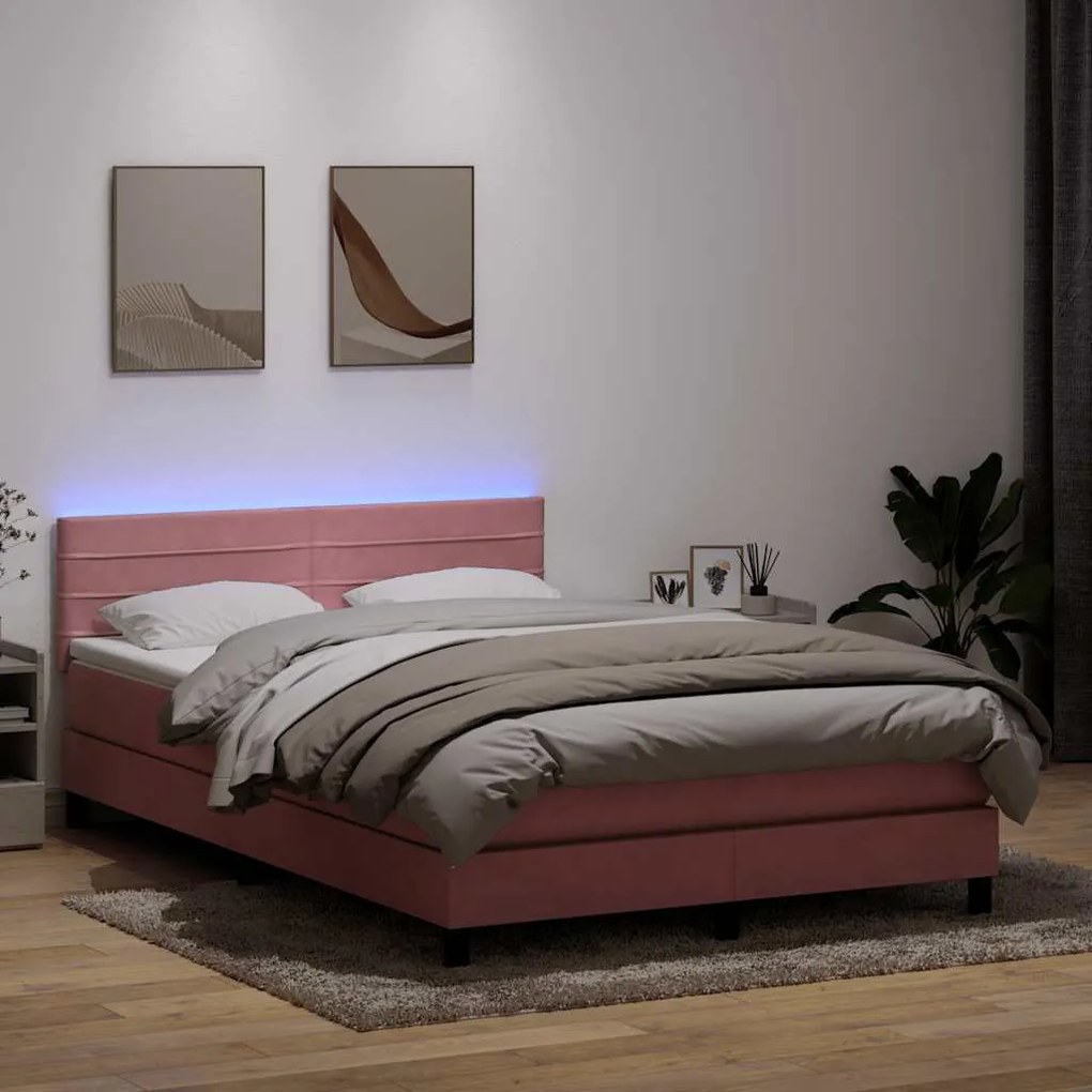 vidaXL Cama box spring c/ colchão e LED 140x210 cm veludo Rosa