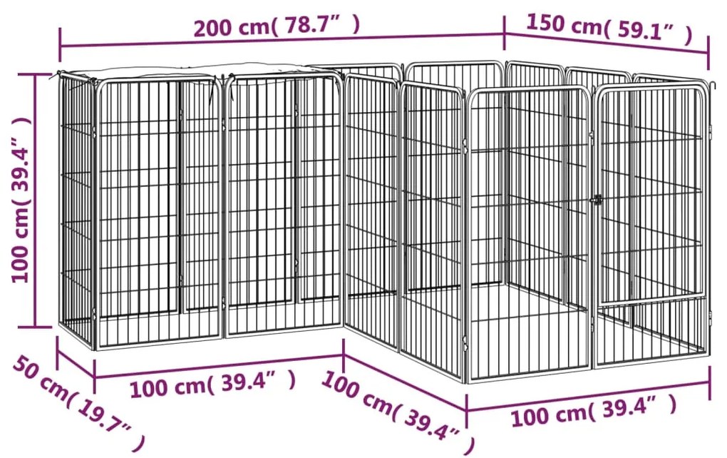 Parque p/ cães c/ 14 painéis 50x100 cm aço revestido a pó preto