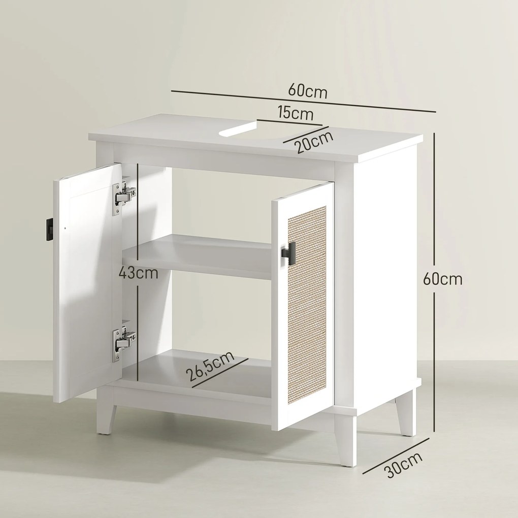 HMóvel para Lavatório (NÃO INCLUIDO) Pousar com 2 Portas de Vime PE 2 Prateleiras e Sistema Anti-Tombo para Casa de Banho 60x30x30 cm Branco