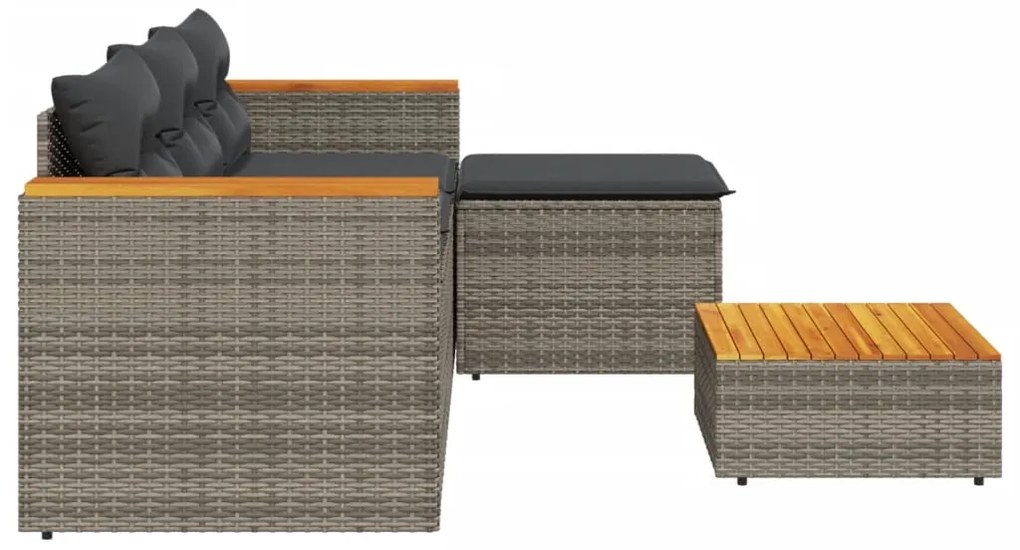 3 pcs conjunto sofás de jardim c/ almofadões vime PE cinzento
