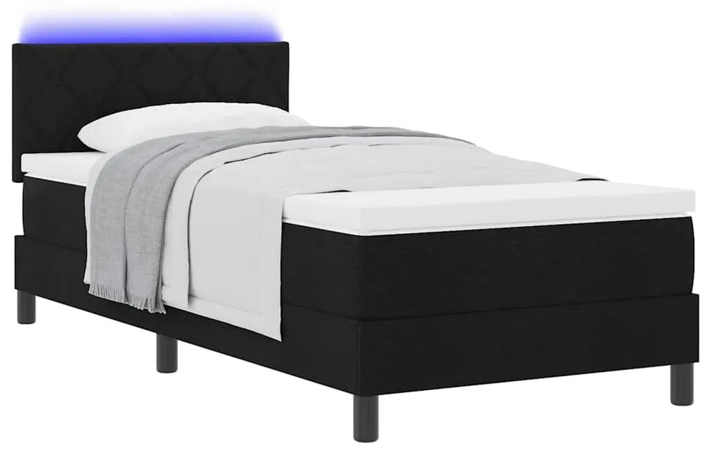 Cama Box Spring com Colchão &amp; LED Preto 90x190 cm Tecido