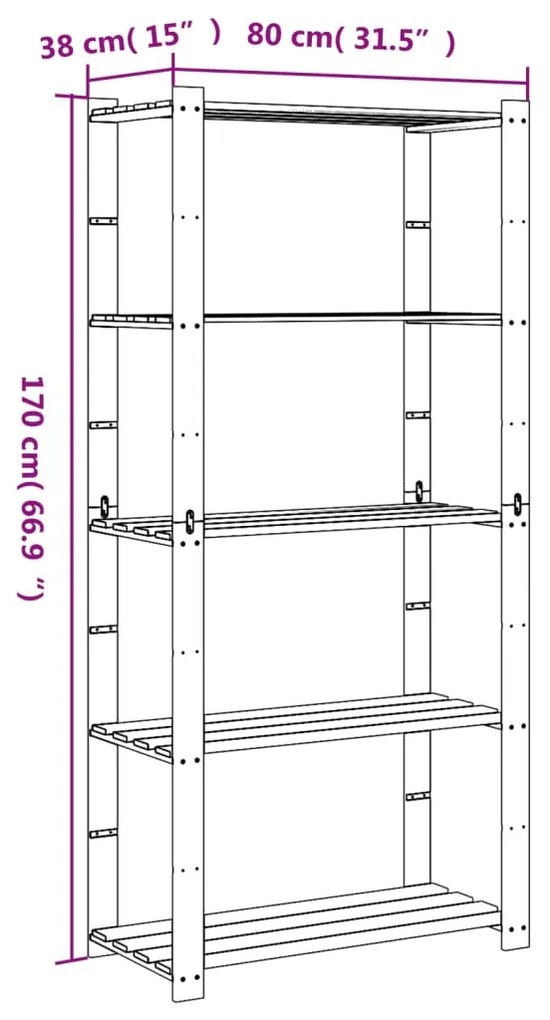 Unidade arrumação 5 prateleiras 80x38x170 cm pinho maciço cinza