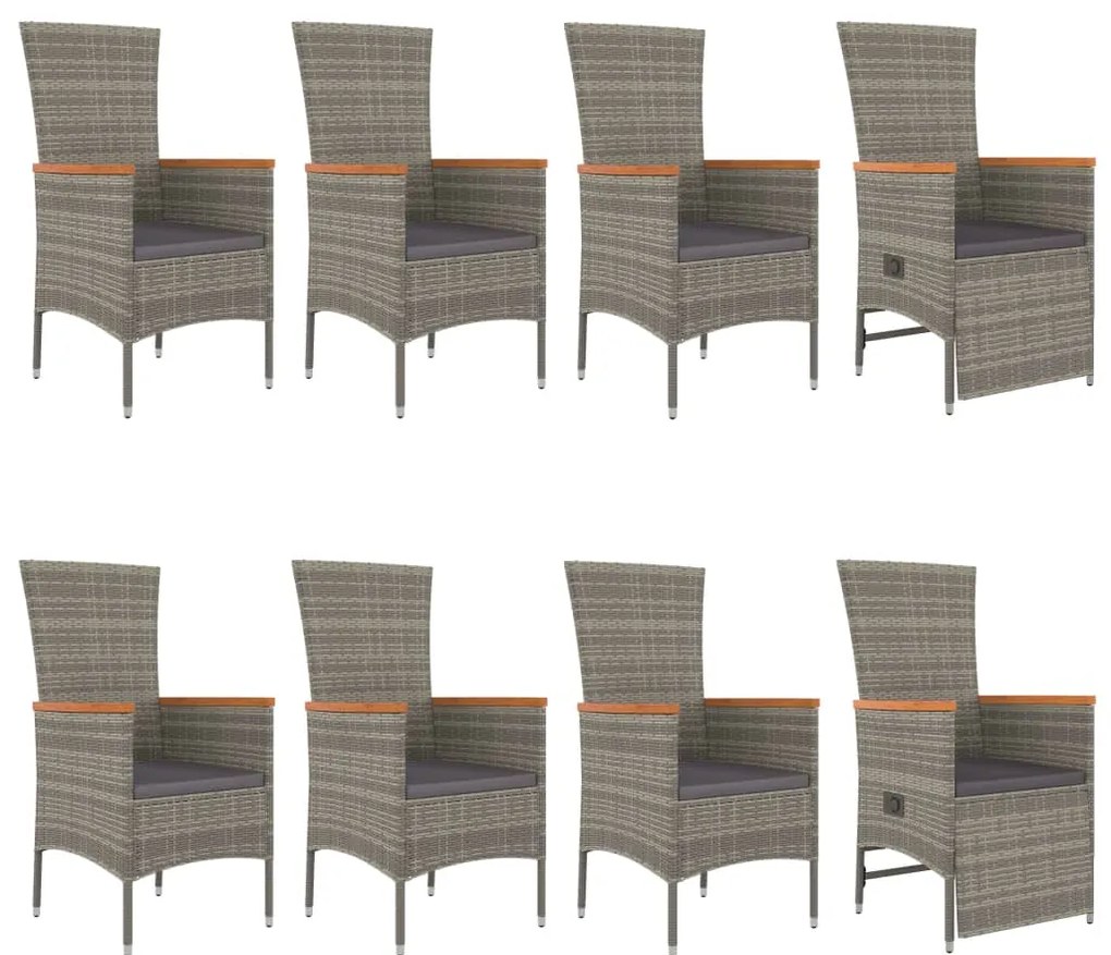9 pcs conjunto de jantar p/ jardim c/ almofadões vime PE cinza