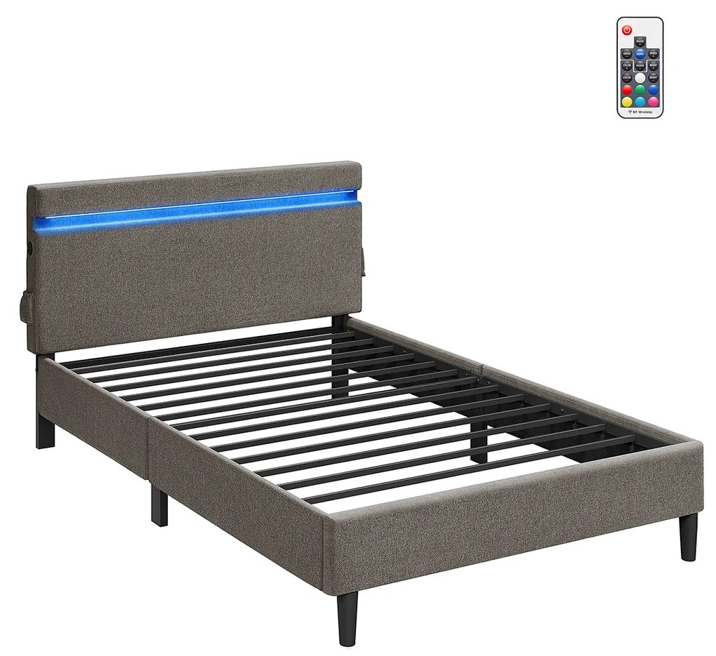 Cama de casal metálica 140 x 190 cm Iluminação LED com Portas USB e TYPE-C cinzento escuro