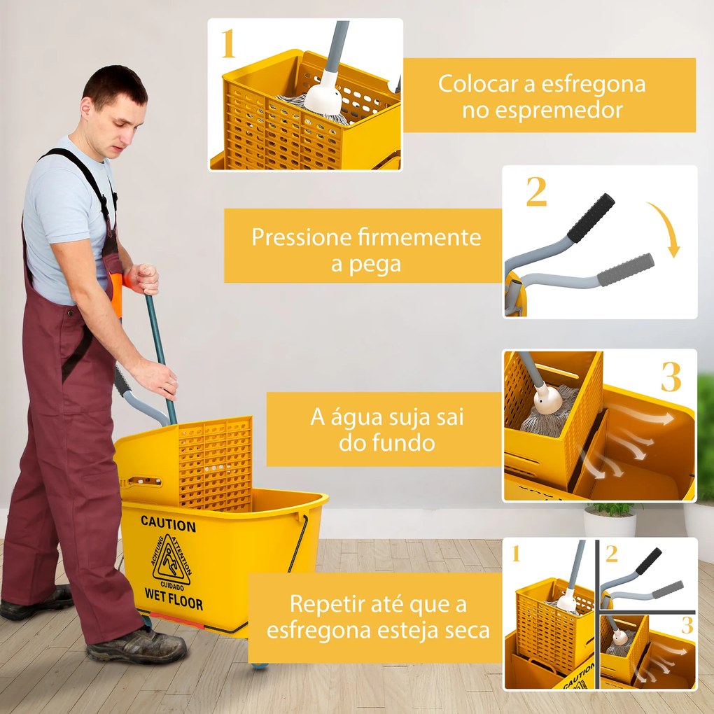 Balde de Limpeza com Esfregona e Rodas Capacidade de 20 L Sistema de Escurridor e Pega de Transporte 45x26,5x70 cm Amarelo