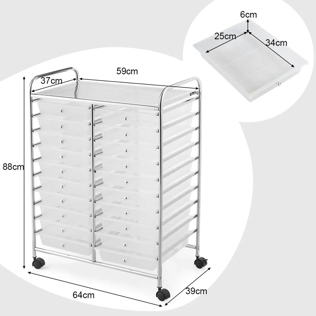 Carrinho organizador 64 x 38 x 87 cm multifuncional com 20 gavetas e rodas Unidade de armazenamento móvel multiuso para casa, escritório ou escola Tra