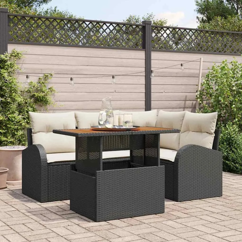 vidaXL Conjunto de jantar pra área externa com 5 peças e almofadas preto, rattan e poliéster