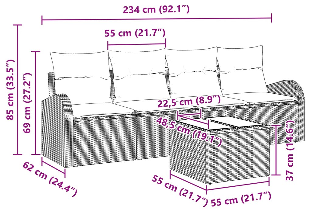 Conjunto de Sofá de Jardim vidaXL de 5 Peças com Almofadas Preto de Ra