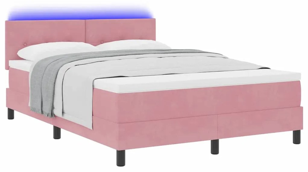 Cama Box com Colchão e LED Rosa 140x200 cm Veludo
