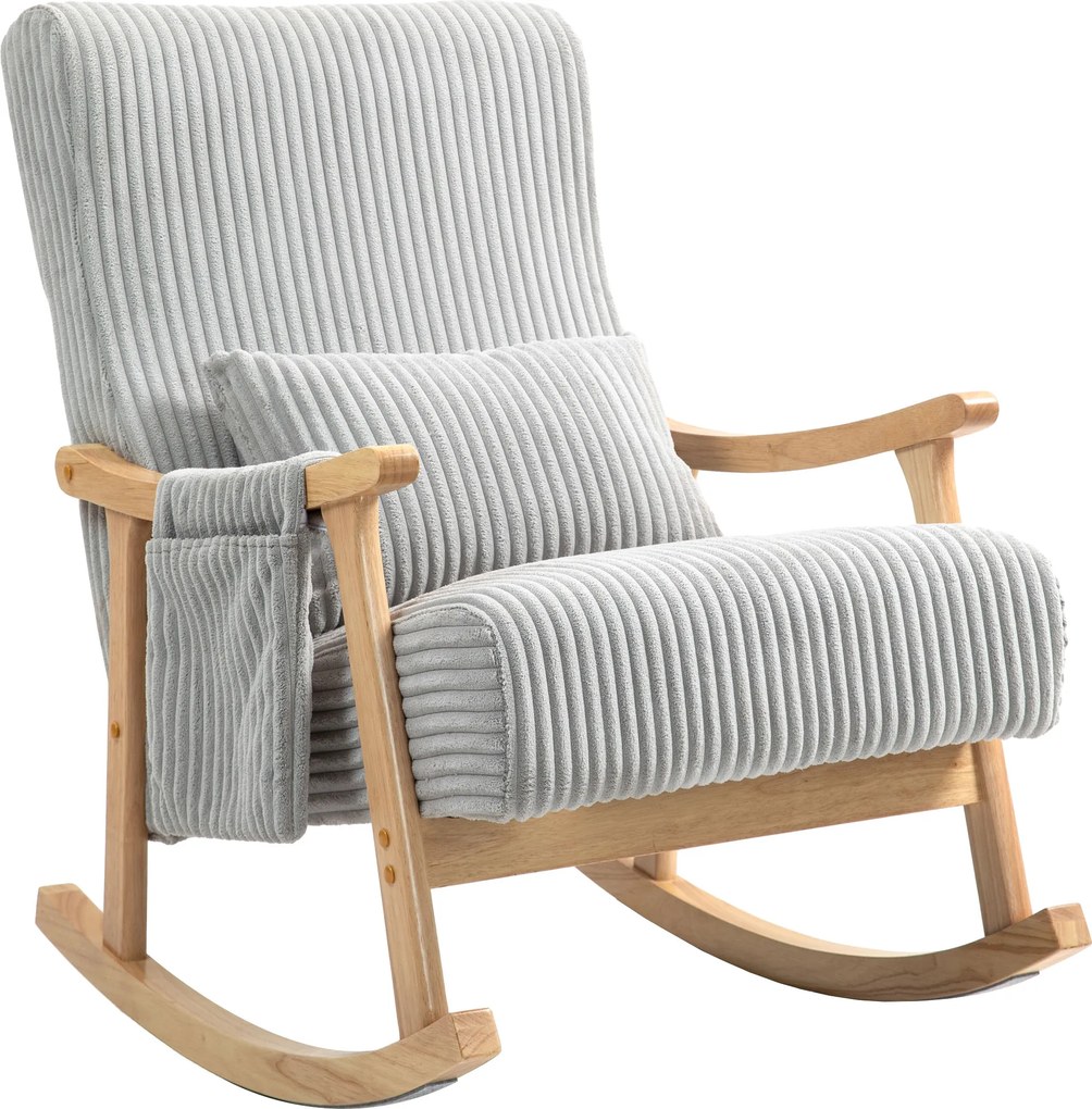 HOMCOM Poltrona Baloiço Moderna em Veludo Cotelê com Apoio para os Braços Almofada Lombar e Bolso Poltrona de Amamentação 65x90x98 cm Cinza | Aosom Portugal