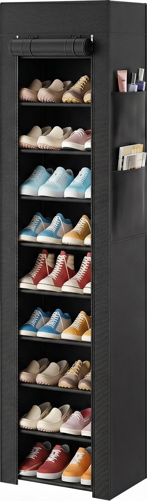 Sapateira com capacidade 45 x 30 x 175 cm para 20 pares e 10 níveis, organizador de sapatos em metal com capa anti pó, preto