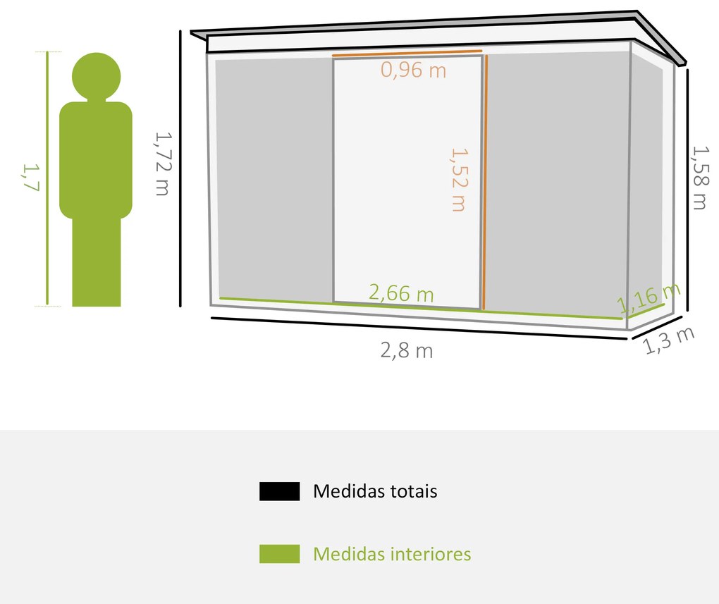 Abrigo de Jardim 280x130x172cm Abrigo de Exterior de Aço Galvanizado com Porta Corredeira e Ventilações para Armazenamento de Ferramentas Verde Claro