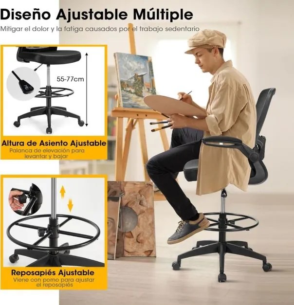 Cadeira de escritório ergonómica ajustável em altura com malha, rodas, apoios de braços eleváveis, apoio para os pés, estilo moderno, carga 120 kg Pre