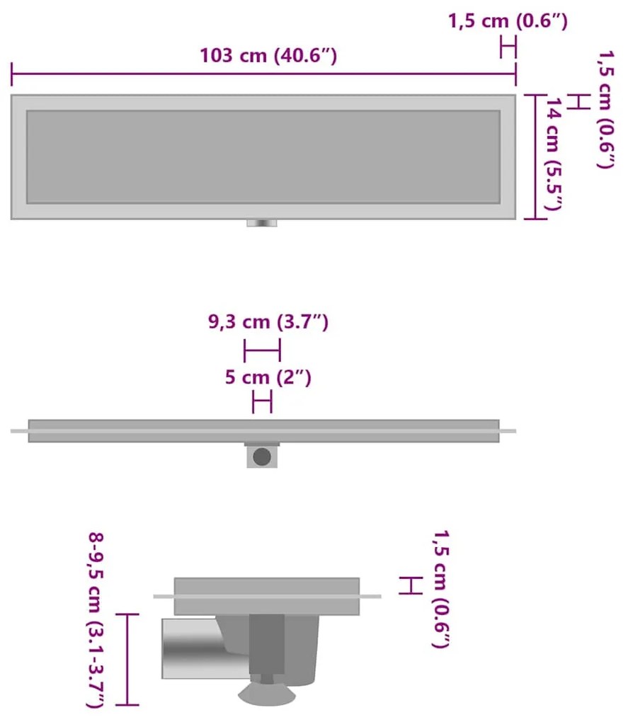 Dreno de chuveiro com tampa 2 em 1 103x14 cm aço inoxidável