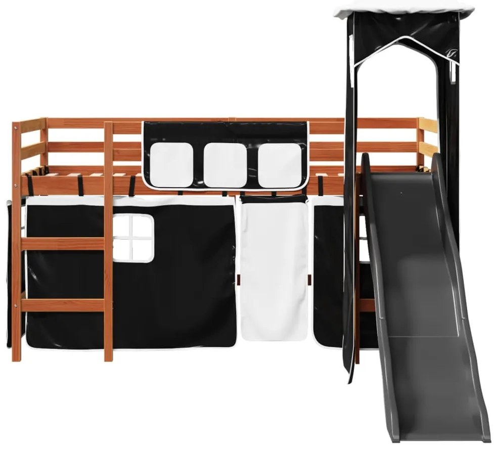 Cama alta criança c/ torre 90x200 cm pinho maciço branco/preto
