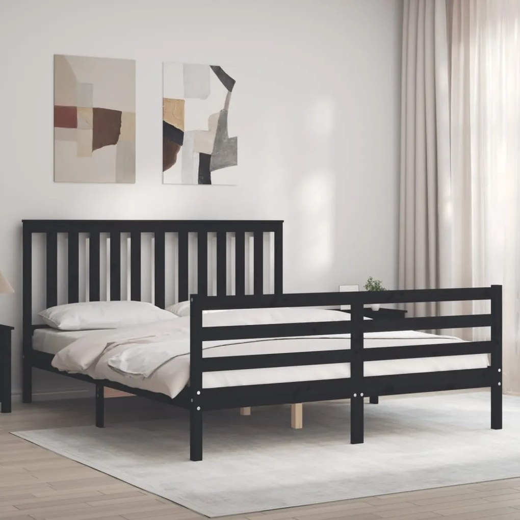 vidaXL Estrutura de cama King Size com cabeceira madeira maciça preto