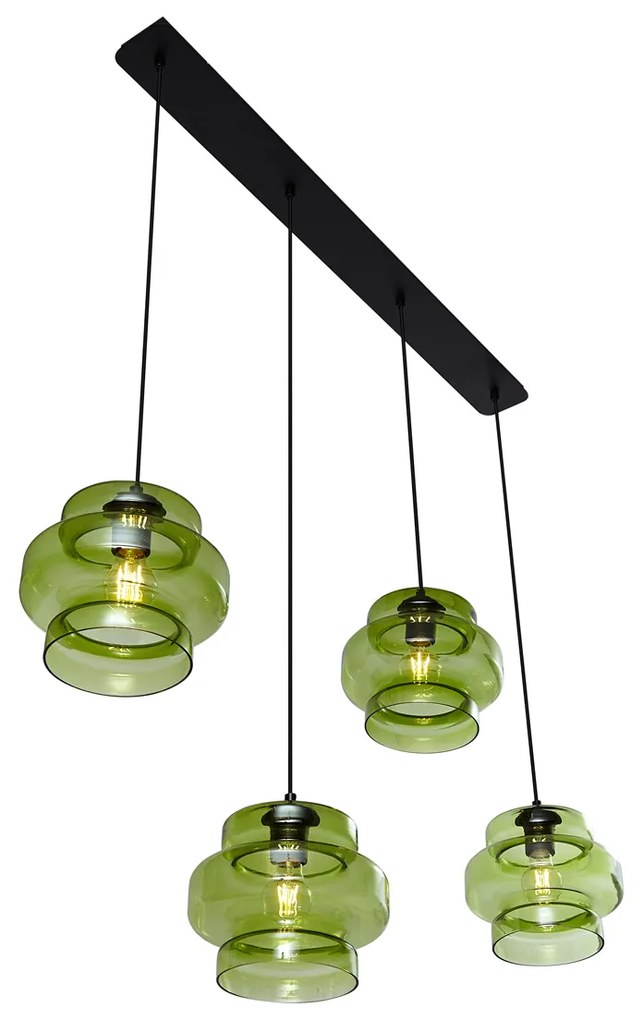 Candeeiro suspenso retro preto com vidro verde 4-luzes - Denise Retro