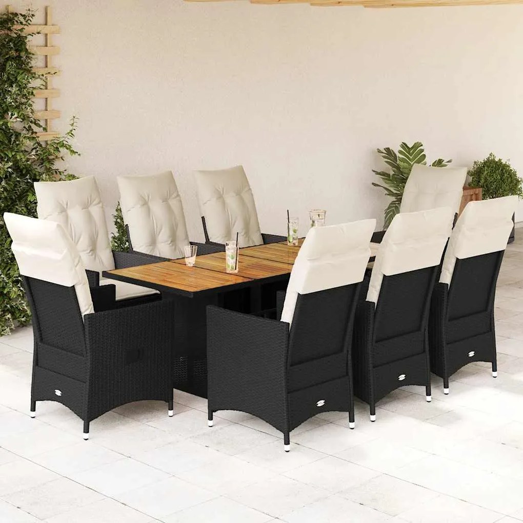 vidaXL 9 pcs conjunto de jantar p/ jardim c/ almofadões vime PE preto