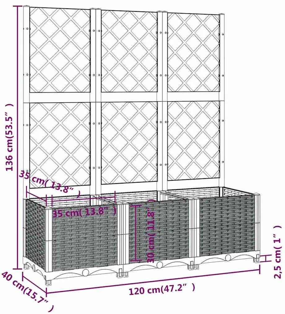 Vaso/floreira jardim c/ treliça 120x40x136 cm PP cinzento azul