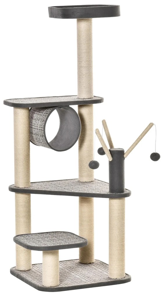 PawHut Árvore para Gatos Grande Torre de Escalar com Múltiplas Plataformas Cama Superior Túnel Postes de Arranhar de Sisal Natural e Brinquedos 49x49x130 cm Bege e Cinza