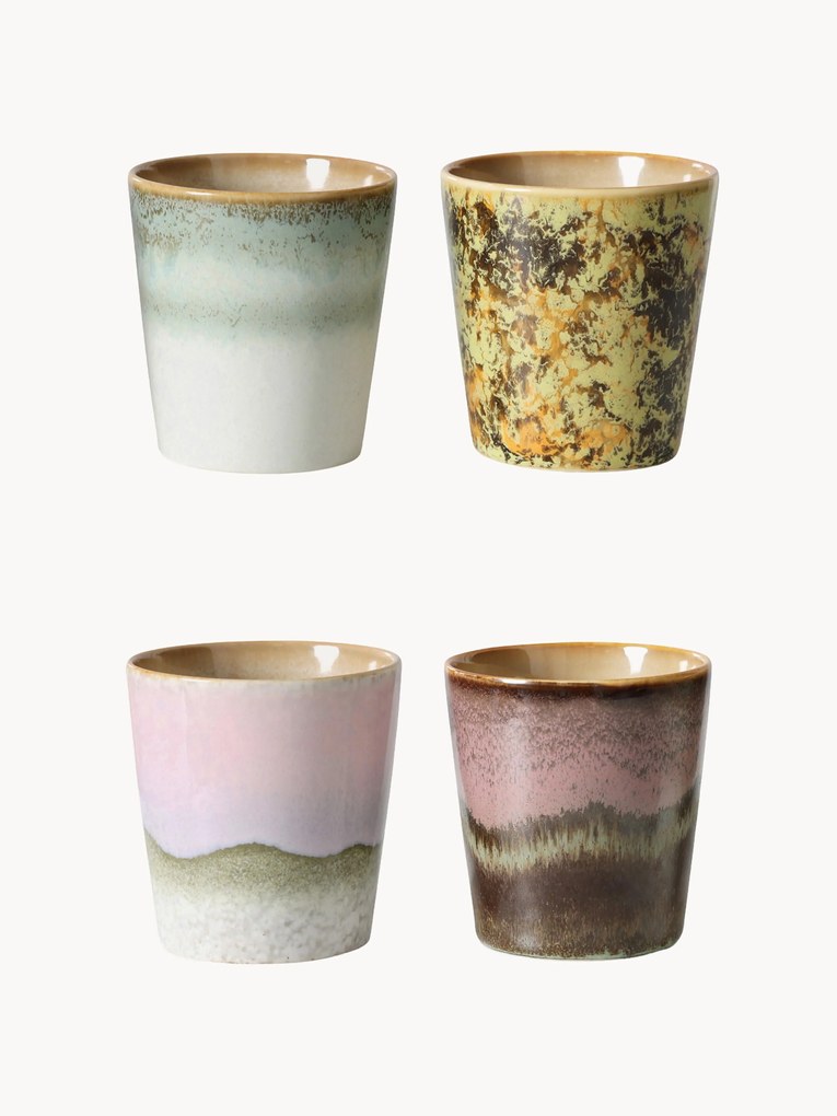 Canecas pintadas à mão com vidrado reativo 70's, conjunto de 4