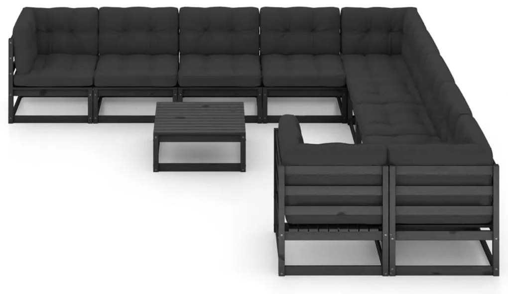 11 pcs conjunto longue jardim c/ almofadões pinho maciço preto
