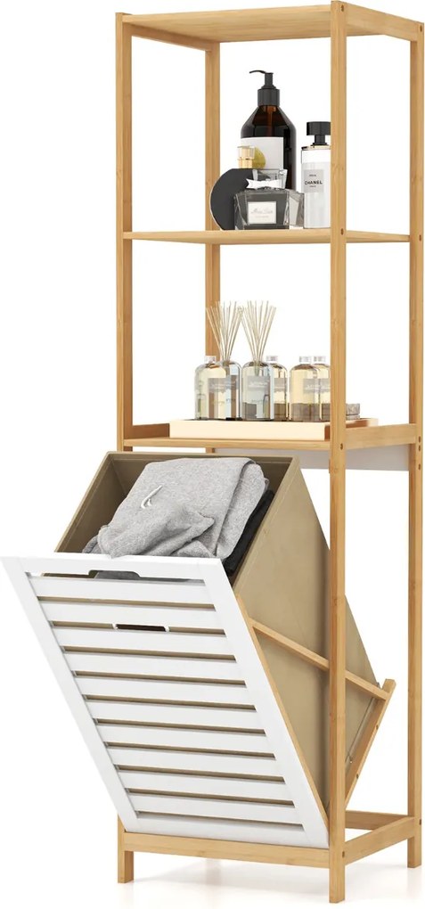 Cesto para roupa suja inclinável 36 x 33 x 130 cm, com 4 níveis extraíveis, em bambu, com prateleiras, organizador para lavandaria, casa de banho e qu