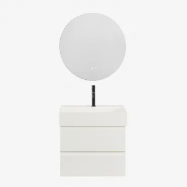 Conjunto De Móvel De Casa De Banho Em Madeira E Chapa De Freixo Com Lavatório Integrado Ona Branco & Redondo Led E Anti-embaciamento Ø70 - Sklum