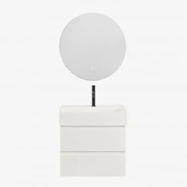 Conjunto De Móvel De Casa De Banho Suspenso Em Madeira E Folha De Freixo Com Lavatório Integrado Ona Branco & Redondo Led E - Sklum